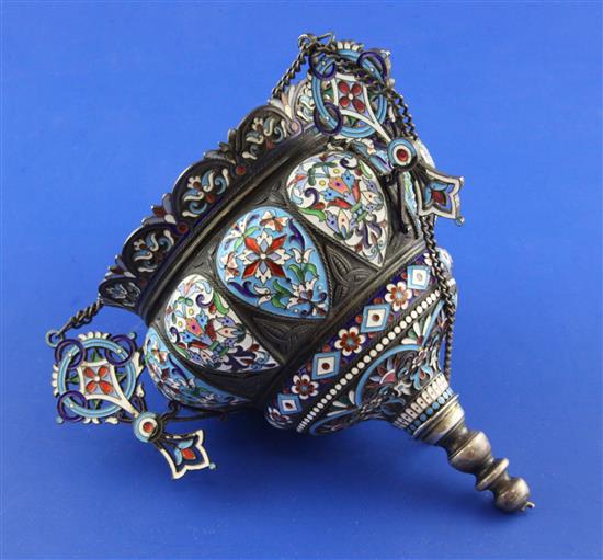 An early 20th century Russian for the Persian market silver and cloisonne enamel hanging mosque lamp, 6.25in.